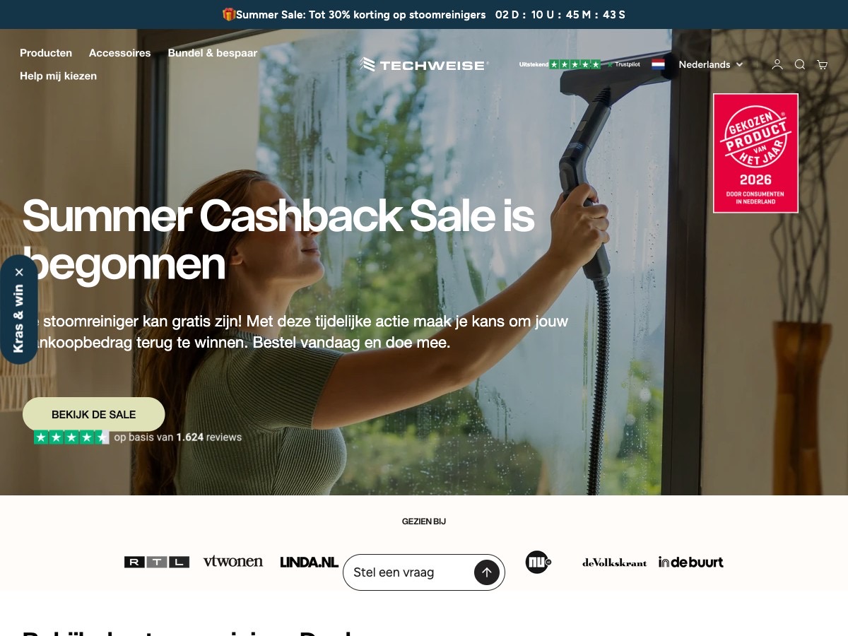 De webshop van Techweise met de Summer Cashback Sale campagne